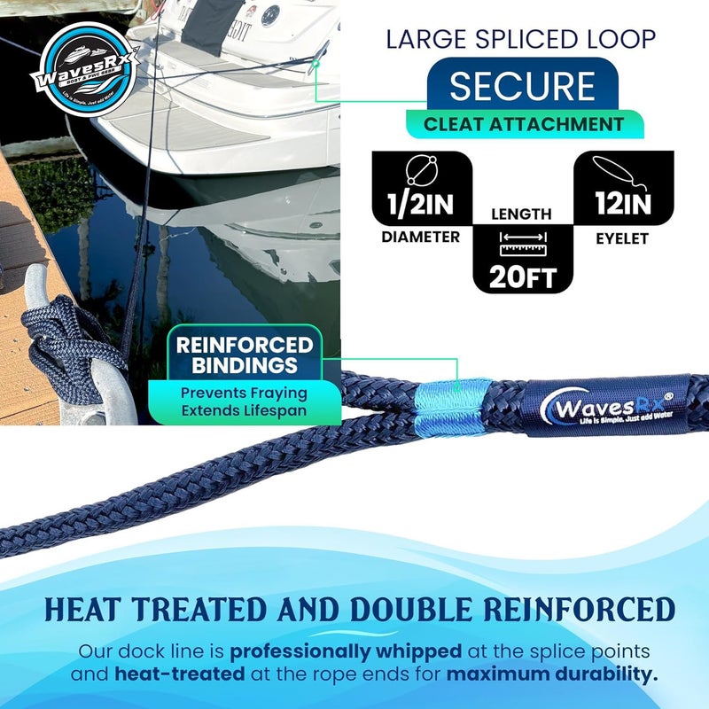 WAVESRX Premium Nylon Boat Dock Lines & Ropes for Docking & Pontoon | Double Braided Marine Rope | Boat Ropes for Docking with Loop | UV & Saltwater Resistant Dock Rope (Deep Sea Blue, 1/2â€ x 20â€™) - Image 4